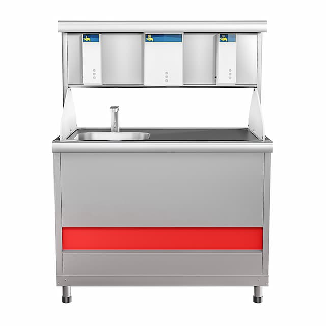 Прилавок-витрина для дезинфекции рук Abat ПВДР-70КМ с дозатором жидкого мыла, электросушилкой и дозатором антисептика (1120мм)